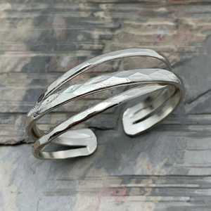 Silver Plated Adjustable Cuff Bracelet – Stacked Thin Bands by Anju