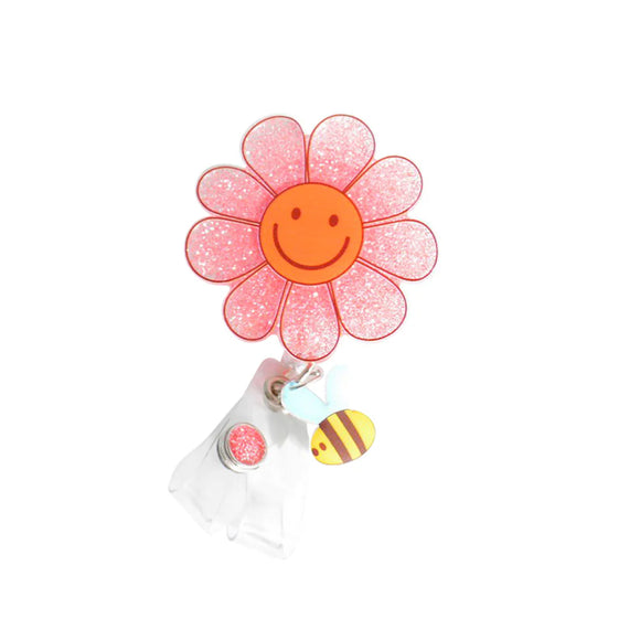 Glitterific Badge Reel- Smiley Flower with Bee