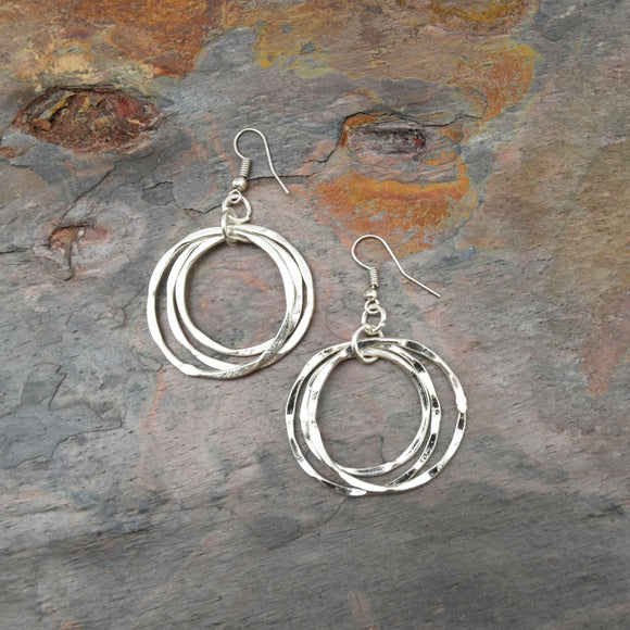 Silver Plated Hammered Ring Earrings by Anju